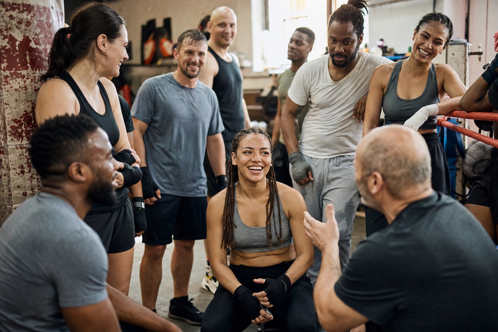 A diverse, welcoming group of adult amateur boxers and coaches in a community gym
