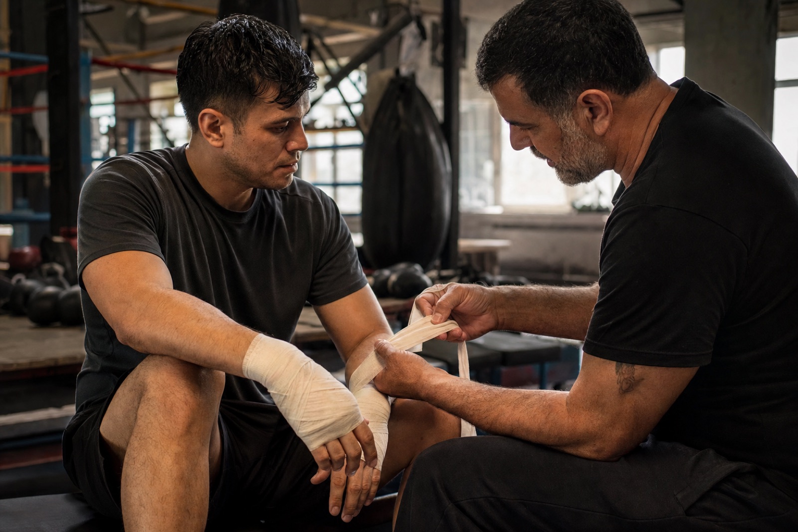 A coach wrapping an amateur boxer's hands in a community gym