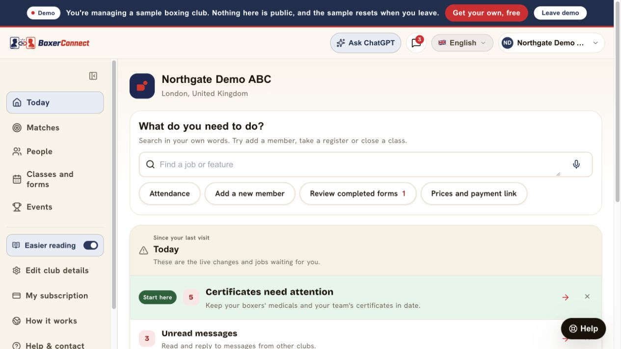 BoxerConnect club dashboard showing the Today workspace and product navigation